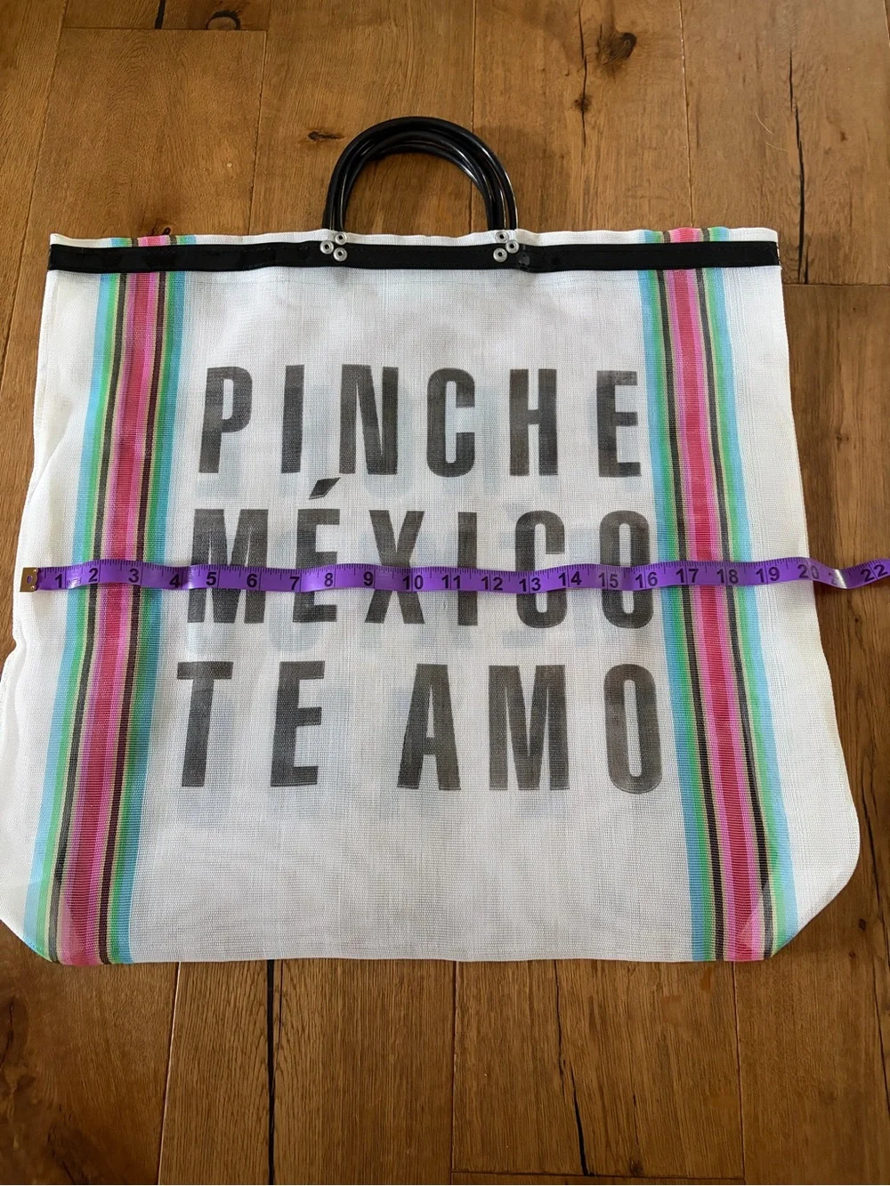 White Canvas Tote Bag with Pink & Green Stripes - PINCHE MEXICO TE AMO